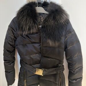 Pedro del Hierro Women's Black Quilted Puffer Coat real Fur Collar small